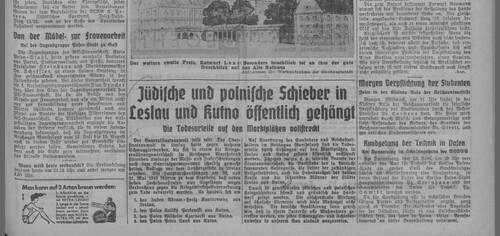 Informacja o egzekucji w Kutnie, „Litzmannstädter Zeitung” z 12 czerwca 1941 roku, nr 161. Wycinek prasowy z tytułem: Jüdische und polnische Schieber in Leslau und Kutno öffentlich gehängt. Die Todesirteile auf Marktplätzen vollstreckt (pol. Żydowscy i polscy spekulanci powieszeni publicznie we Włocławku i Kutnie. Wyroki śmierci wykonywane na rynkach)
