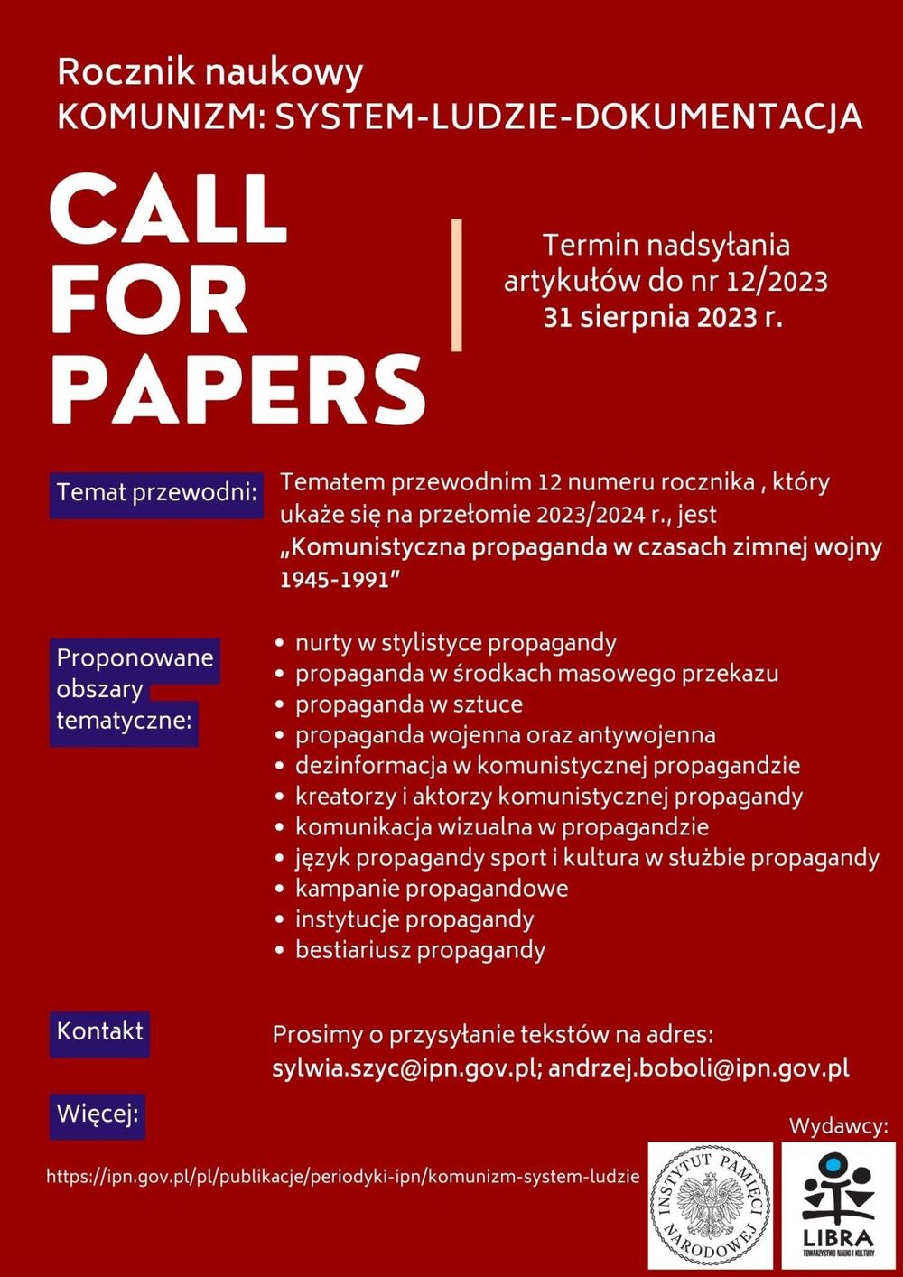 Nabór artykułów do nr 12 czasopisma „Komunizm: system–ludzie–dokumentacja” (termin nadsyłania artykułów 31 sierpnia 2023)