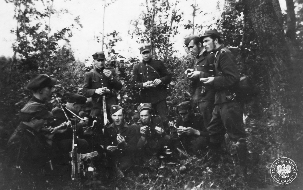 Oddział NZW pod dowództwem st. sierż. Mieczysława Dziemieszkiewicza ps. „Rój” w 1948 r. Stoją od prawej: dowódca st. sierż. „Rój”, plut. Józef Maruszewski ps. „Sęp”, Lucjan Krępski ps. „Jastrząb” (prawdopodobnie), Piotr Grzybowski ps. „Rekin” (prawdopodobnie). Po lewej: sierż. Stanisław Okuniecki ps. „Kruk” i sierż. Ildefons Tadeusz Żbikowski ps. „Tygrys”. Pośrodku siedzą: Władysław Grudziński ps. „Pilot” (po lewej) i Jerzy Dziemieszkiewicz ps. „Żbik”. Fot. z zasobu AIPN