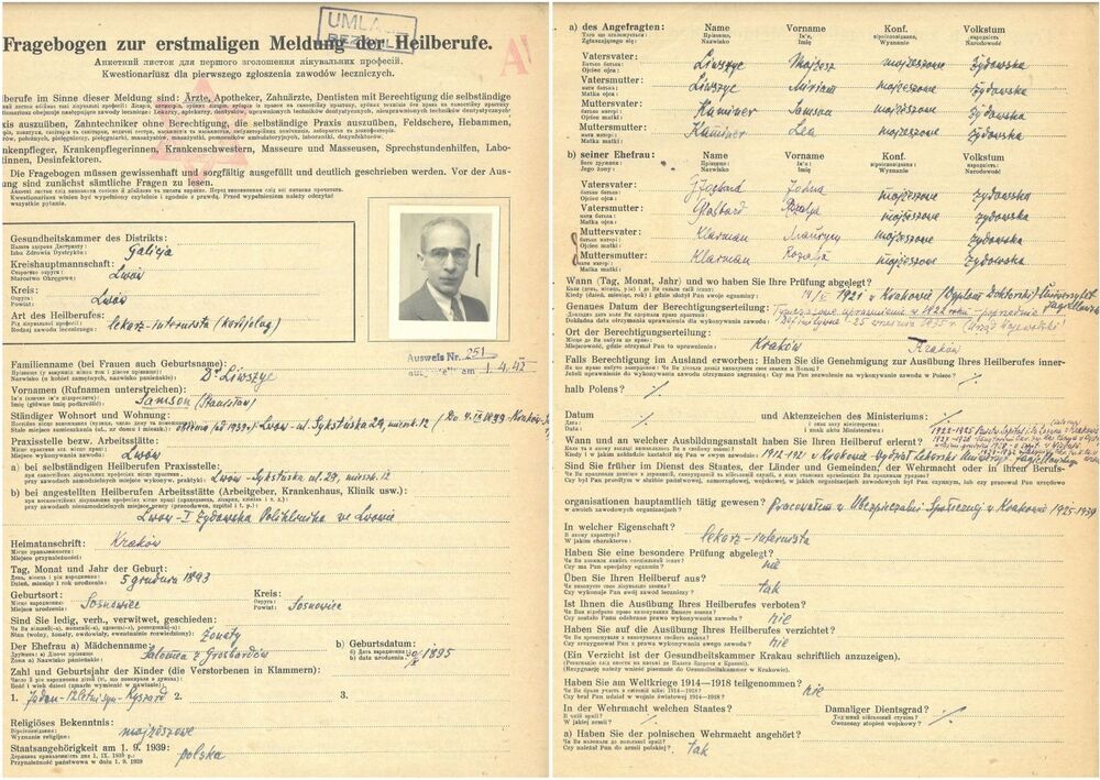 Kwestionariusz dla pierwszego zgłoszenia zawodów leczniczych dotyczący Samsona (Stanisława) Liwszyca. Lwów, 2 października 1941 r. Z zasobu Archiwum IPN