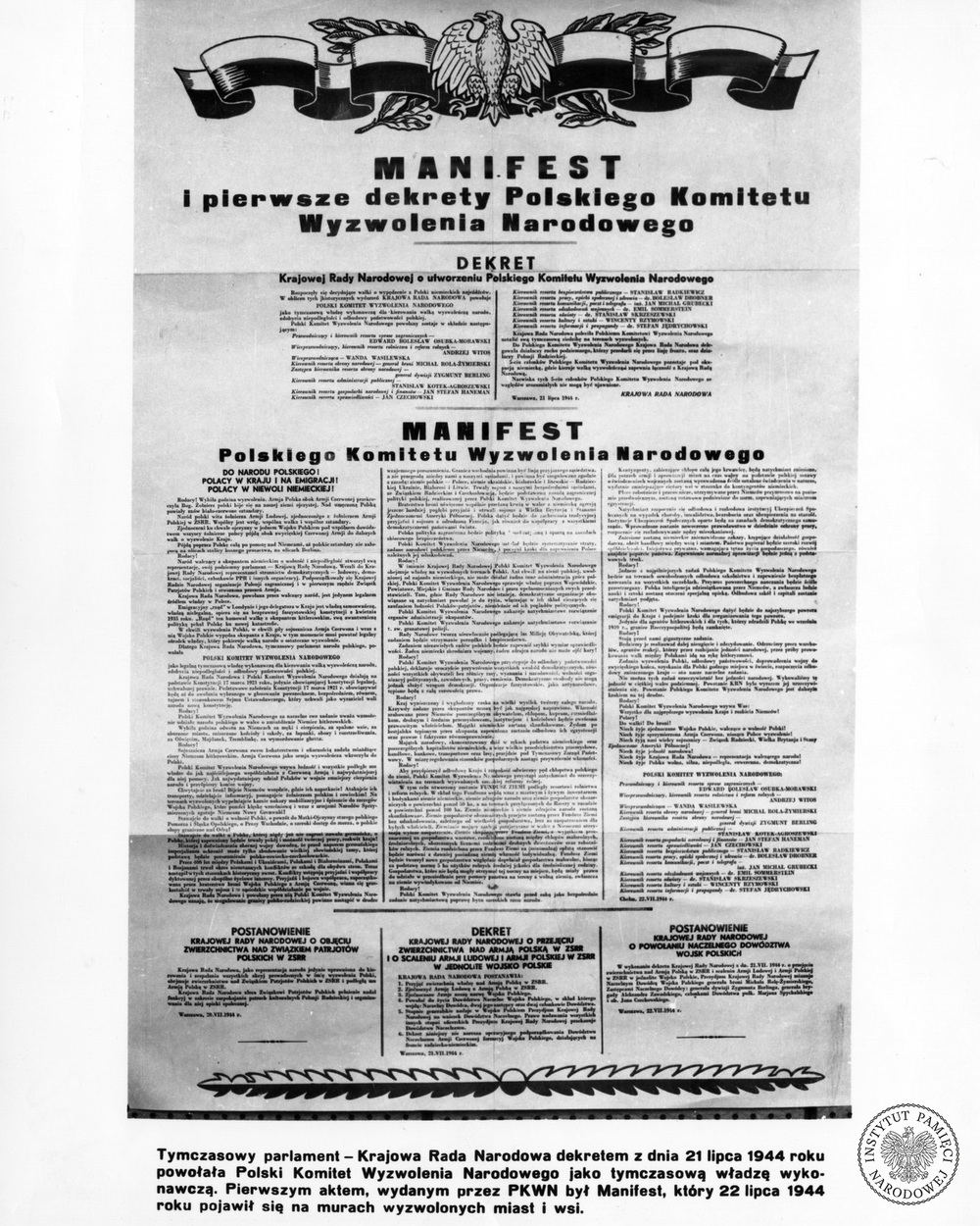 Plakat propagandowy prezentujący Manifest PKWN, który – jak głosi podpis – „pojawił się na murach wyzwolonych miast i wsi” (z zasobu IPN w Lublinie)