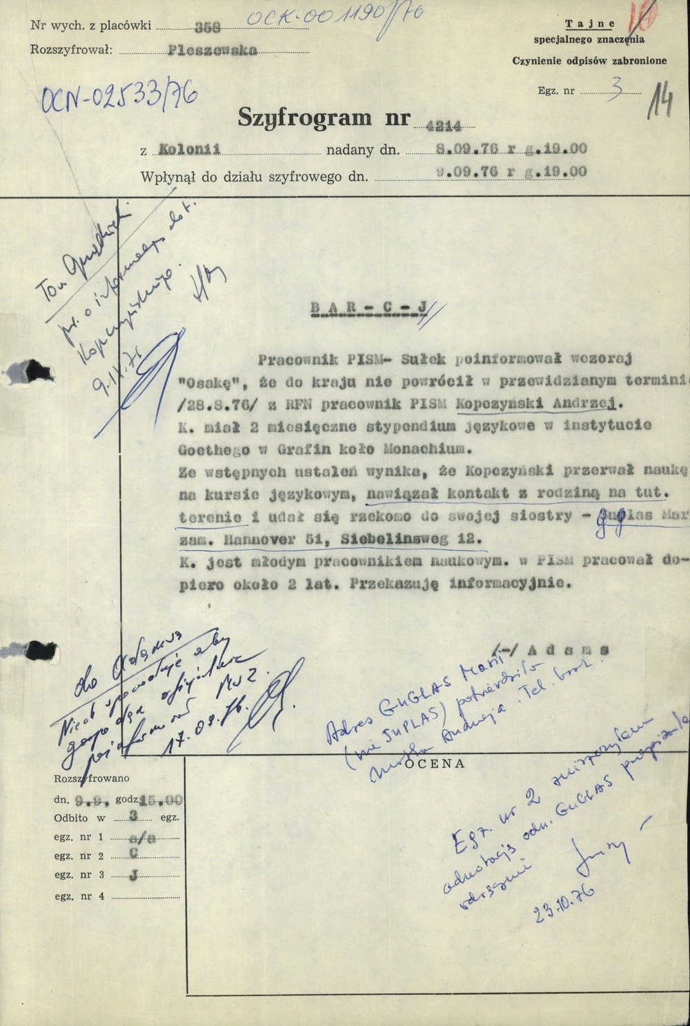 Szyfrogram rezydentury w Kolonii informujący o zaginięciu por. Andrzeja Kopczyńskiego (z zasobu IPN)