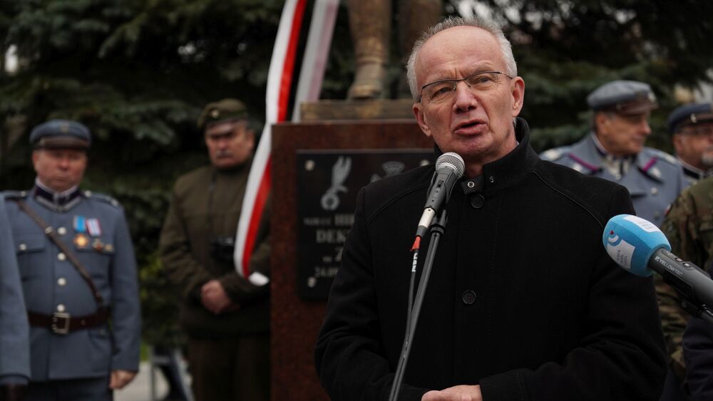 Odsłonięcie pomnika cc. mjr. Hieronima Dekutowskiego ps. „Zapora” – Bełżyce, 17 marca 2024. Na zdj. zastępca prezesa IPN dr hab. Krzysztof Szwagrzyk. Fot. Szczepan Barczyk (oddział IPN w Lublinie)