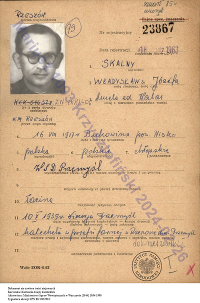 Fragment kartoteki księdza Władysława Skalnego tzw. TEOK prowadzonej przez Departament IV SB MSW (ze zbiorów IPN)