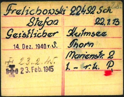 sygn. Arolsen Archives, copy of Doc. No 10643997 karta dot. ks. Frelichowskiego z kartoteki obozowej Schreibstubenkarte z datą śmierci 23 latego 1945