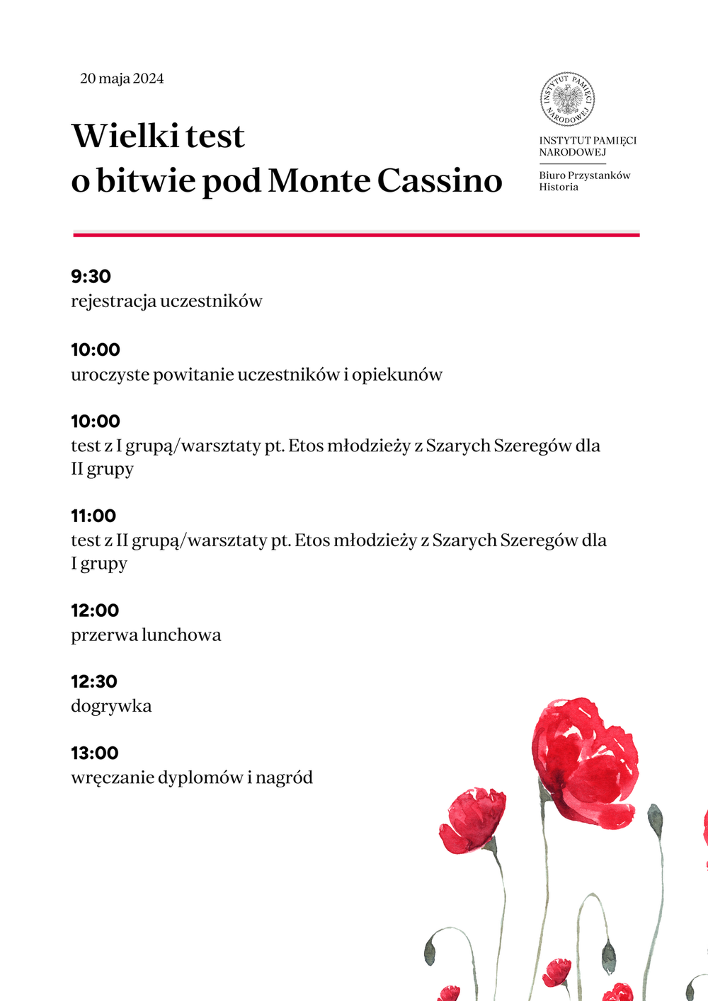 „Wielki test o bitwie pod Monte Cassino” – harmonogram