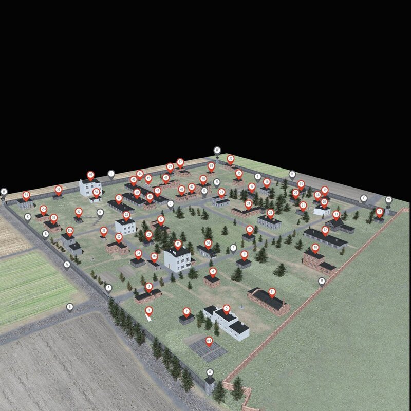 Plan of the camp with reconstructed facilities in isometric projection (Multimedia map of the German labour camp for Polish children on
Przemysłowa Street in Łódź/Institute of National Remembrance, Łódź Branch).