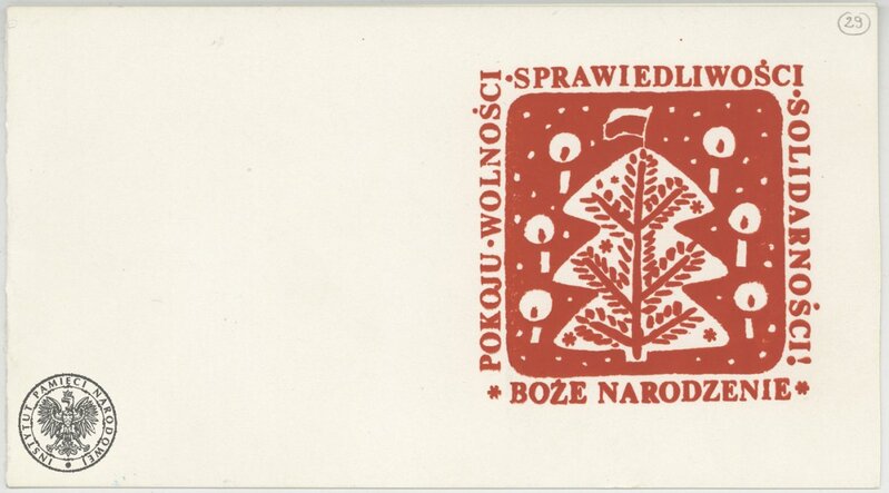 A IPN Ki 288/104 [k. 29] – Christmas card „Pokoju Wolności Sprawiedliwości Solidarności! *Boże Narodzenie*”. Mirosława i Czesław Janik&#039;s private donation