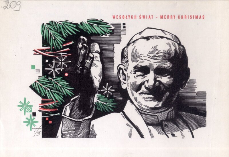 Christmas card with the image of John Paul II. Woodcut by Czesław Borowczyk. From the collection of the IPN Archive in Cracow.
