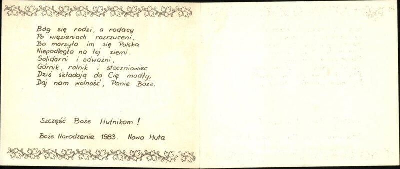 Reverse of the Christmas card, Nowa Huta 1983. From the collection of the IPN Archive in Cracow
