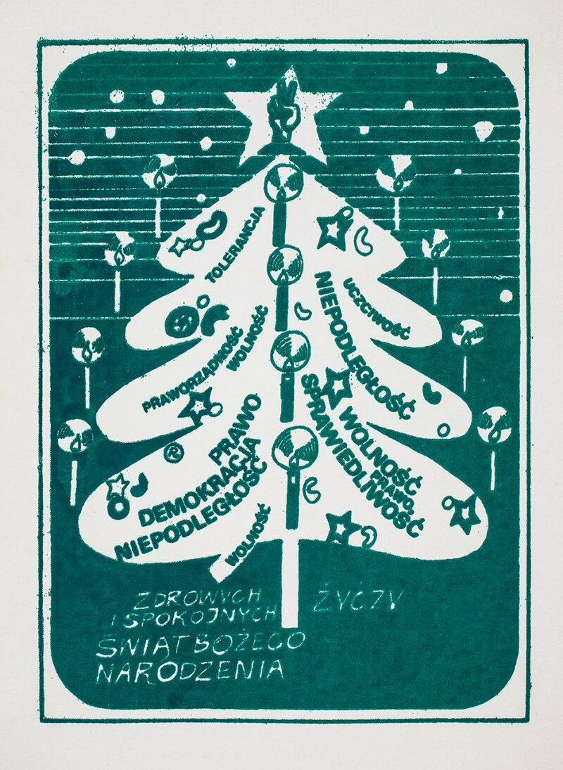 A Christmas card, created in 1984 at the latest, a donation made to the IPN Archive in Rzeszów by Andrzej Szall on behalf of the Podkarpacie Region NSZZ &quot;Solidarność&quot; Branch in Sanok