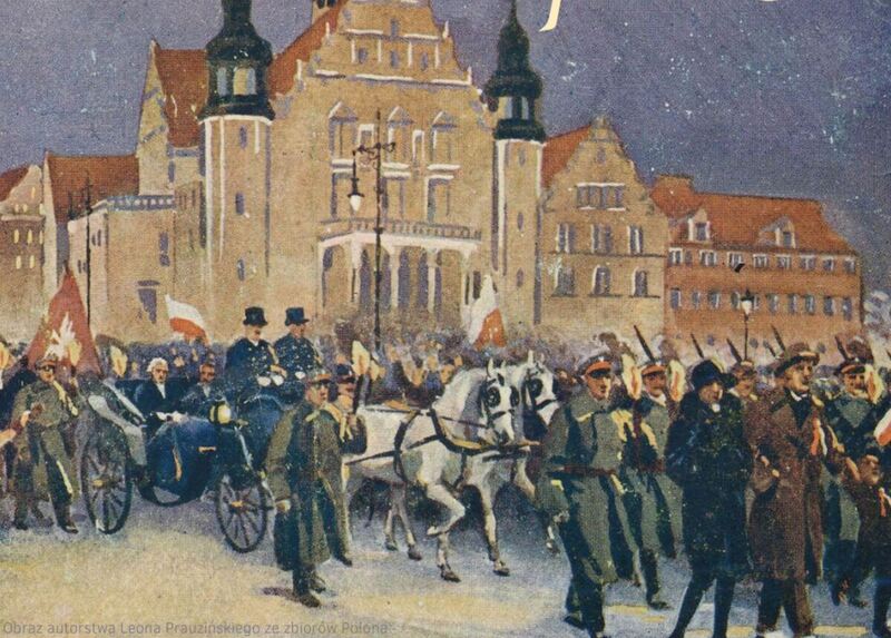 Arrival of Ignacy Paderewski to the centre of Poznań, 26th December 1918, Reproduction of a watercolour postcard by Leon Prauziński from the POLONA collection