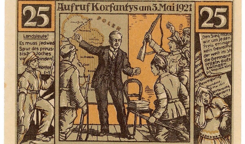Wojciech Korfanty pointing to the Korfanty Line, demarcating the area where the majority of the municipality inhabitants voted for Poland in the plebiscite. Engraving of Stanisław Ligoń on a provisional banknote