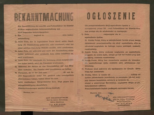 Announcement on the implementation of the so-called displacement of Jews, signed by the German occupation staroste of Miechów, Alfons Kalpers, 1942. Photo: from the collection of the National Library - polona.pl
