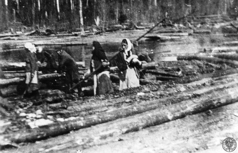 A group of Poles deported to the USSR, while working at floating timber on one of Siberian rivers.