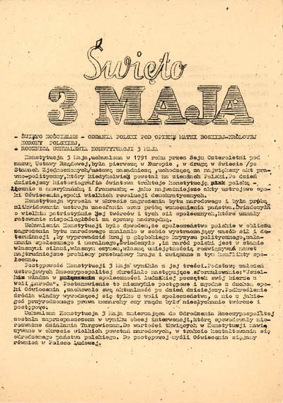 Komunikat Międzyzakładowego Komitetu Założycielskiego NSZZ „Solidarność” w Słupsku zatytułowany „Święto 3 Maja” zawierający program planowanych uroczystości