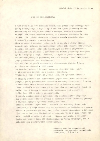 Apel do społeczeństwa sygnowany przez Gdański Komitet Obywatelski Obchodów 190 rocznicy uchwalenia Konstytucji 3 Maja z dnia 28-04-1981 r.
