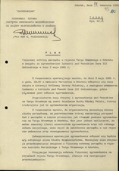 Plan fizycznej ochrony porządku w rejonie Targu Drzewnego w Gdańsku w związku ze zgromadzeniem ludności pod Pomnikiem Jana III Sobieskiego w dniu 3 maja 1981 r.