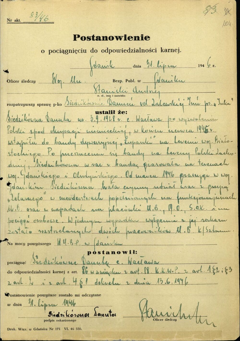 Postanowienie o pociągnięciu do odpowiedzialności karnej. Gdańsk 31 lipca 1946 r. (IPN Gd 323/1, s. 104)