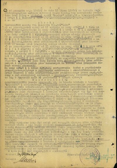 Wyrok Wojskowego Sądu Rejonowego w Gdańsku. Gdańsk 3 sierpnia 1946 r. (IPN Gd 323/1, s. 137)