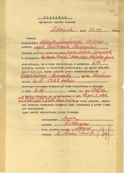 Protokół wykonania wyroku śmierci. Gdańsk 28 sierpnia 1946 r. (IPN Gd 323/1, s. 152)