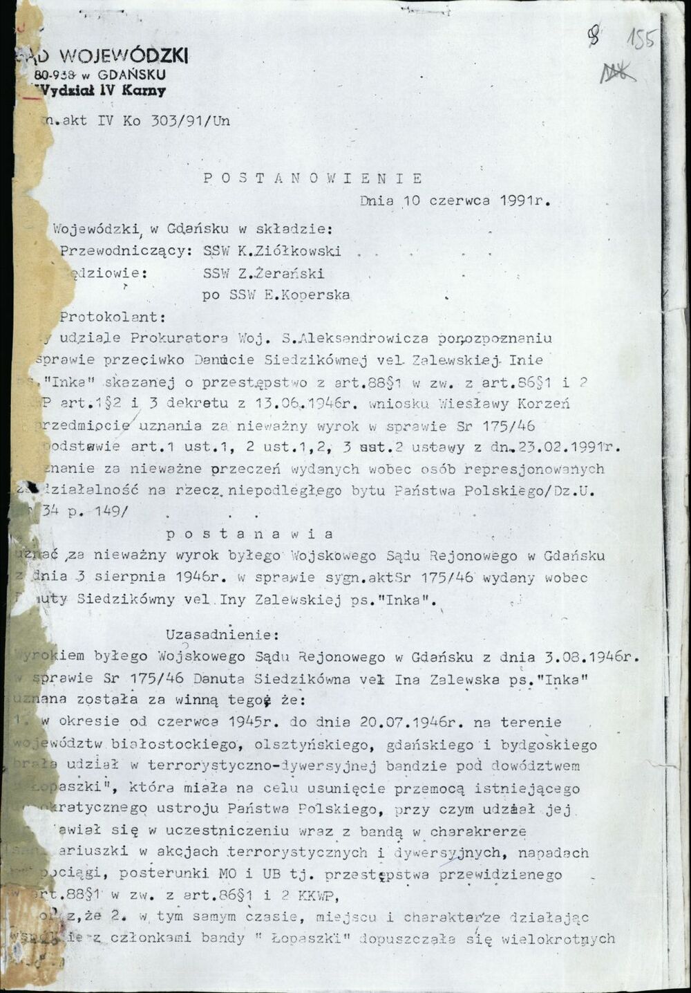 Postanowienie Sądu Wojewódzkiego w Gdańsku o unieważnieniu wyroku. Gdańsk 10 czerwca 1991 r. (IPN Gd 323/1, s. 155)
