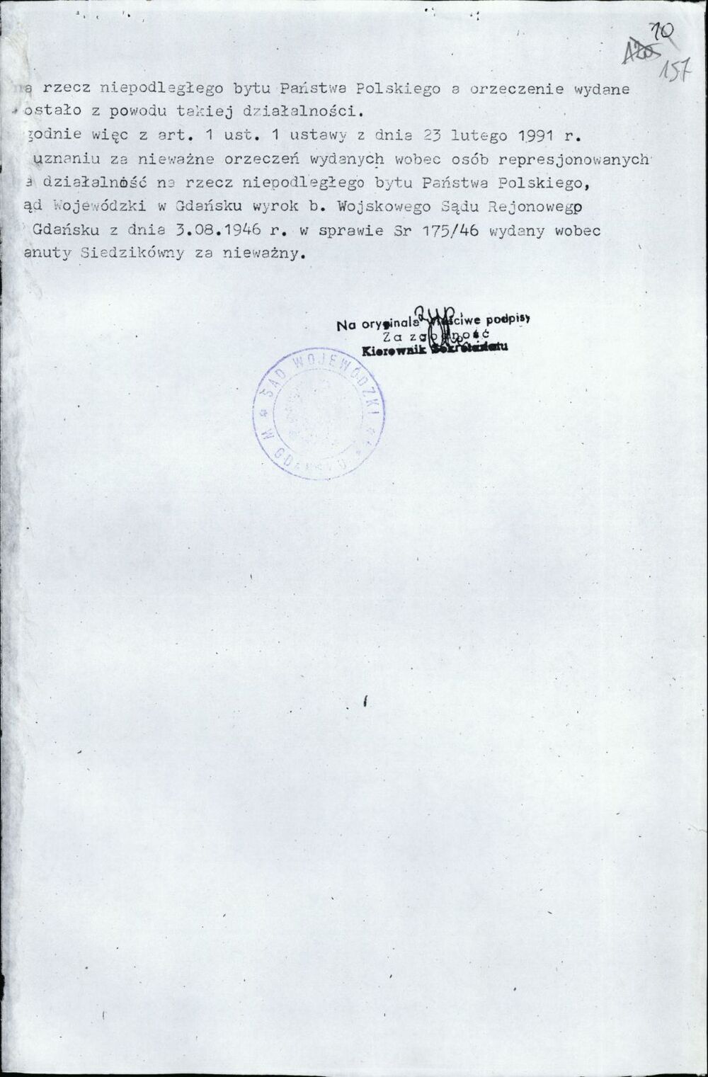 Postanowienie Sądu Wojewódzkiego w Gdańsku o unieważnieniu wyroku. Gdańsk 10 czerwca 1991 r. (IPN Gd 323/1, s. 157)
