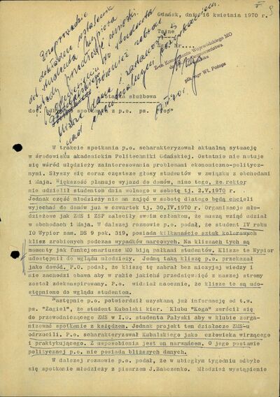 Notatka służbowa ze spotkania z po (pomoc obywatelska) pseudonim „Top”, Gdańsk 16 kwietnia 1970 r. (IPN Gd 0027/3565, s. 9)