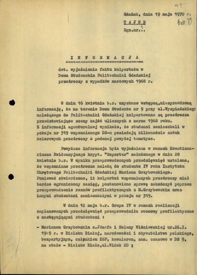 Informacja o kolportowaniu przeźroczy z wystąpień studenckich w marcu 1968 r. w Gdańsku, Gdańsk 19 maja 1970 r. (IPN Gd 0027/3565, s. 73)