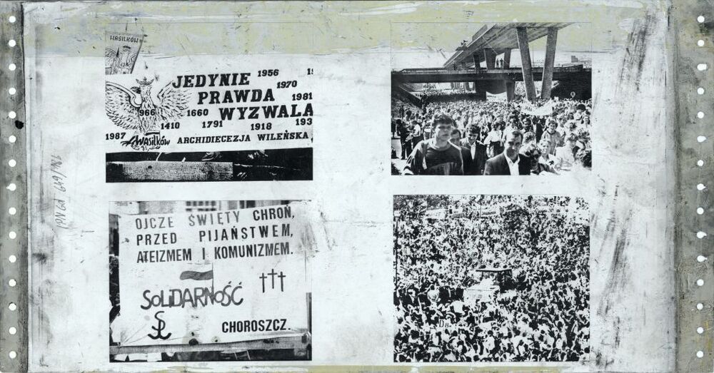 Blaszana matryca ze zdjęciami z wizyty papieża Jana Pawła II w Gdańsku w 1987 r.