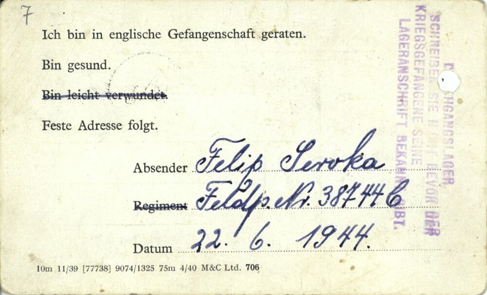 Karta pocztowa informująca o dostaniu się do niewoli brytyjskiej (IPN Gd 892/1)