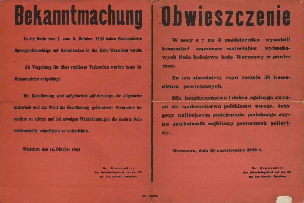 Obwieszczenie Dowódcy Policji Bezpieczeństwa i SD na Dystrykt Warszawski z dnia 16 października 1942 r. (IPN Gd 536/42)