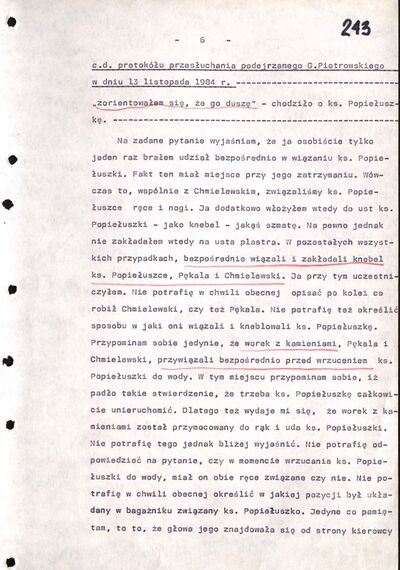 Protokół przesłuchania Grzegorza Piotrowskiego. Warszawa 13 listopada 1984 r. (IPN By 361/6, k. 239-244)