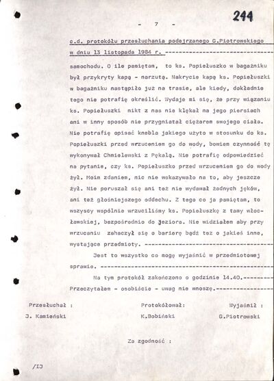 Protokół przesłuchania Grzegorza Piotrowskiego. Warszawa 13 listopada 1984 r. (IPN By 361/6, k. 239-244)