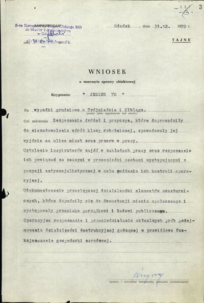 Wniosek o wszczęcie sprawy obiektowej „Jesień 70”. Gdańsk 31 grudnia 1970 r. (IPN Gd 003/14 t. 4, k. 3)