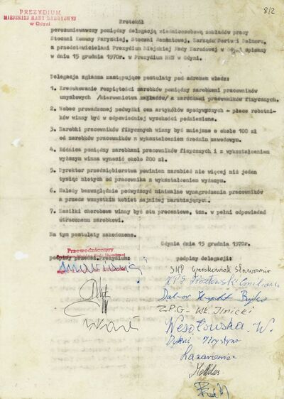 Protokół porozumiewawczy między przedstawicielami strajkujących zakładów pracy a władzami miasta Gdyni, 15 grudnia 1970 r.