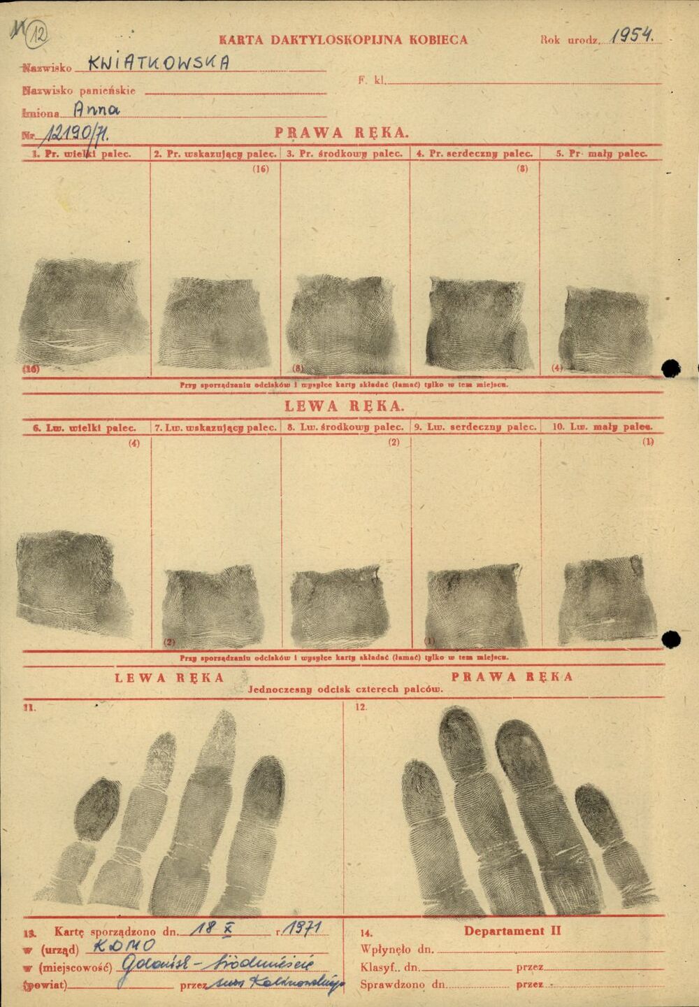 Karta daktyloskopijna osoby inwigilowanej (IPN Gd 003/169 t. 11/1, s. 12)