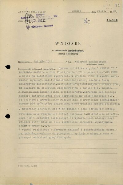 Wniosek o zakończenie sprawy obiektowej „Jesień 70”. Gdańsk 27 lutego 1978 r.