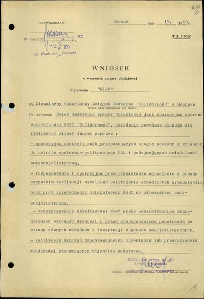 Wniosek o wszczęcie sprawy obiektowej „Klan”. Gdańsk [11] listopada 1980 r. (IPN Gd 003/166 t. 1, k. 11)