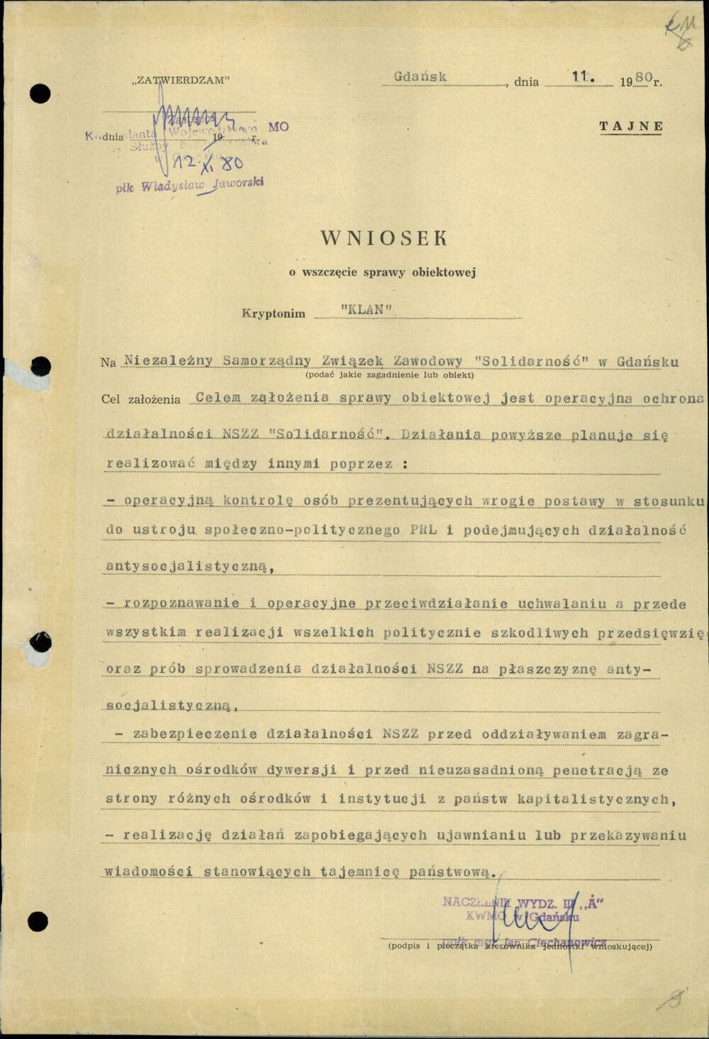 Wniosek o wszczęcie sprawy obiektowej „Klan”. Gdańsk [11] listopada 1980 r. (IPN Gd 003/166 t. 1, k. 11)