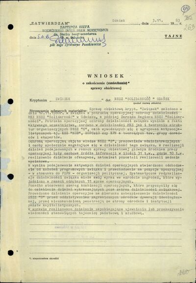Wniosek o zakończenie sprawy obiektowej „Klan”. Gdańsk 3 listopada 1983 r. (IPN Gd 003/166 t. 1, k. 263)