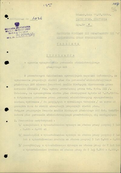 Informacja w sprawie wynagrodzenia personelu administracyjnego gdańskiego MKZ. Gdańsk 11 marca 1981 r. (IPN Gd 003/166 t. 28, k. 96)