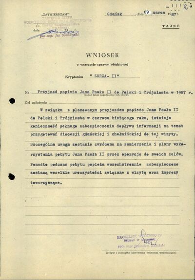 Wniosek o wszczęcie sprawy obiektowej kryptonim „Zorza II”. Gdańsk 9 marca 1987 r. (IPN Gd 003/200 t. 1, k. 5)