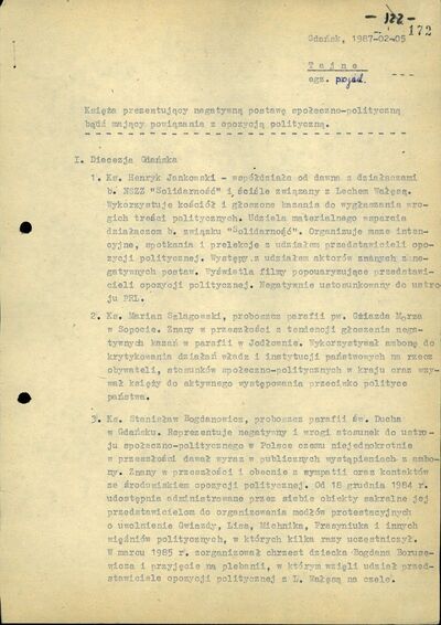 Informacje o księżach prezentujących negatywną postawę społeczno-polityczną bądź mających powiązania z opozycją polityczną. Gdańsk 5 lutego 1987 r. (IPN Gd 003/200 t. 1, k. 172)