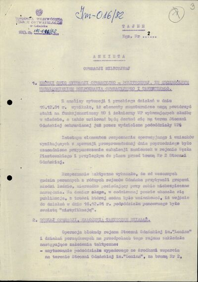 Ankieta operacji milicyjnej dotyczącej blokady nr 2 Stoczni Gdańskiej im. Lenina
