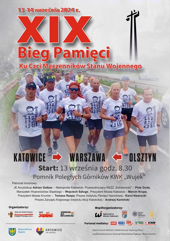 XIX Bieg pamięci ku czci męczenników stanu wojennego – Katowice – Warszawa, 13-14 września 2024