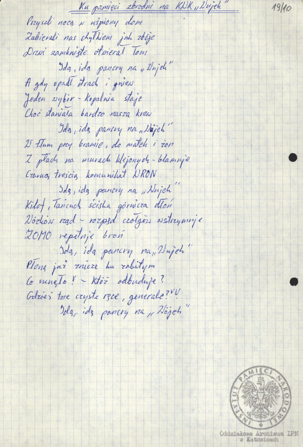 Wiersze, pieśni i modlitwy internowanych odnalezione w aktach Alfreda Cofalika, pracownika KWK „Szczygłowice, organizatora NSZZ „S” i KPN w tej kopalni, internowanego w Zabrzu-Zaborzu, Strzelcach Opolskich i Uhercach (AIPN Ka 043/1008).