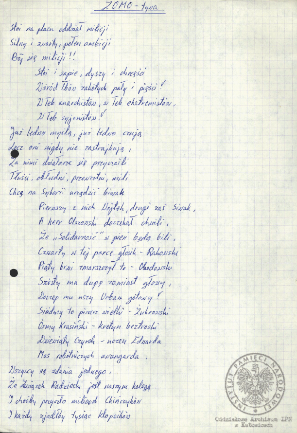 Wiersze, pieśni i modlitwy internowanych odnalezione w aktach Alfreda Cofalika, pracownika KWK „Szczygłowice, organizatora NSZZ „S” i KPN w tej kopalni, internowanego w Zabrzu-Zaborzu, Strzelcach Opolskich i Uhercach (AIPN Ka 043/1008).