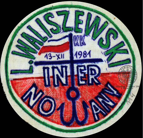 Emblemat Leszka Waliszewskiego, przewodniczącego Zarządu Regionu Śląsko-Dąbrowskiego NSZZ „Solidarność”, internowanego w Zabrzu-Zaborzu, Grodkowie i Uhercach (AIPN Ka 043/807, t. 2, k. 114).