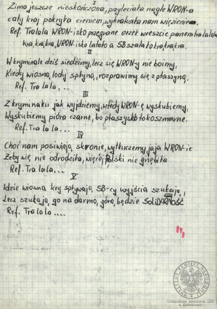 Wiersze i pieśni internowanych odnalezione w aktach Józefa Bujoczka, pracownika KWK „Julian”, internowanego w Zabrzu-Zaborzu i Uhercach (AIPN Ka 043/985, t. 2).